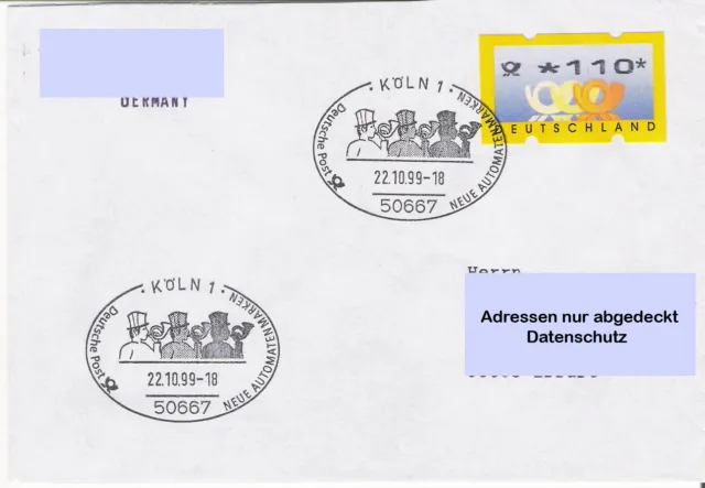 Bund ATM MiNr. 3.2 Ersttagsbrief zu 110 Pfg SoSt Köln 1 vom 22. 10. 1999