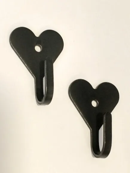 Amish made black wrought iron solid heart wall hooks w/ mounting screws - set 2