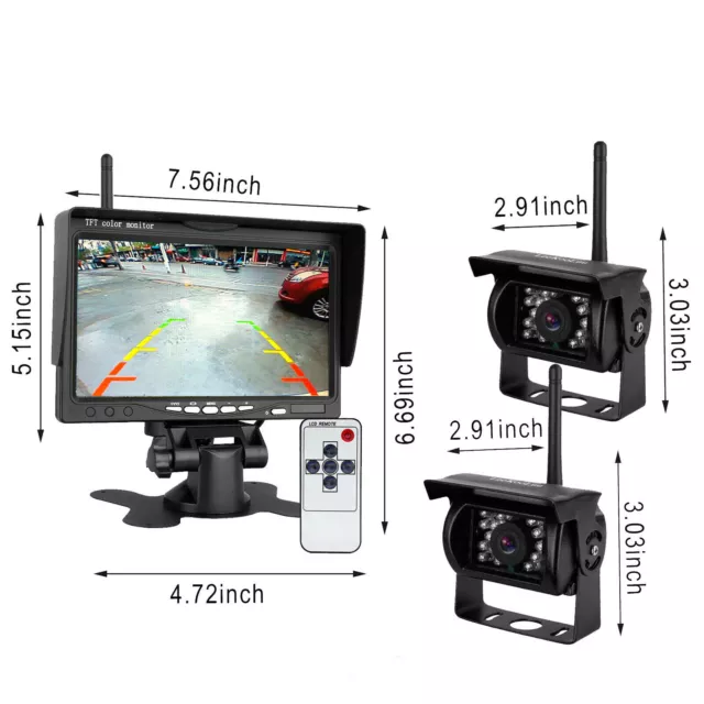 Wireless 7" Monitor 12/24v HD 2x IR CCD Color Reversing Camera For Truck Trailer