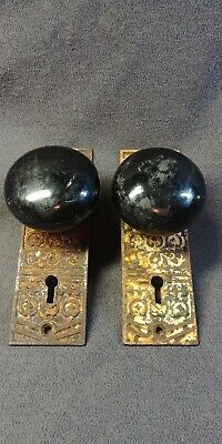 2 Victorian Cast Iron Back Plate Ceramic Doorknob Odd Unusual Rare Hardware Post