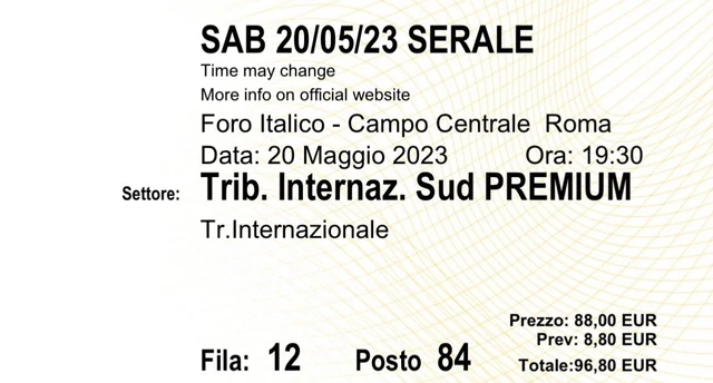 3 biglietti BNL Internazionali Roma 2023 Tennis Finale WTA Tickets 20/05/23 sera