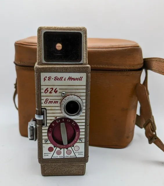 Cámara de cine vintage G B Bell & Howell 624 reloj 8 mm en estuche de cuero original