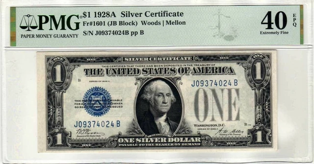 Fr.1601 $1 1928 A J-B Block Silver Certificate PMG 40 EPQ Scarce Block !