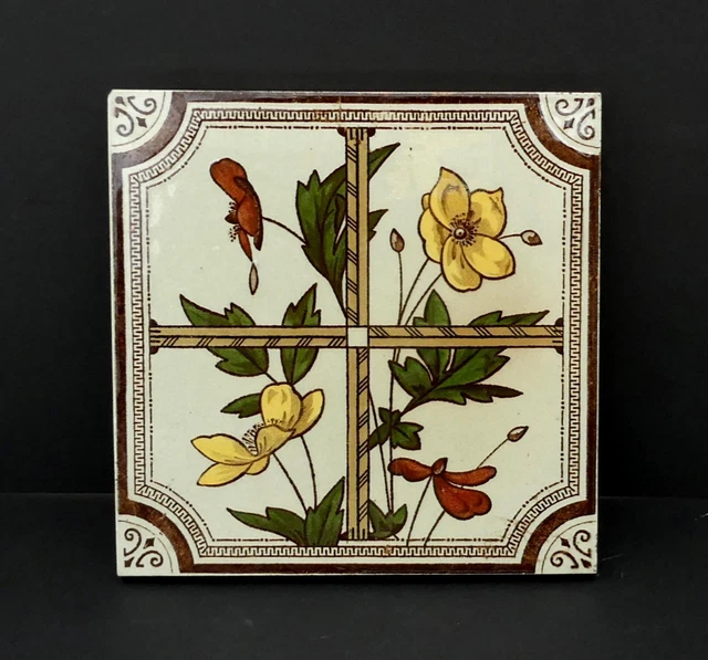 Antique Victorian Staffordshire Knot Ceramic Tile Floral Pattern Excellent
