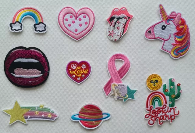 Pink Girl Unicorn Rainbow Heart Embroidered Patches Sew on Iron on Applique UK