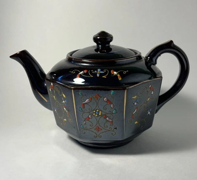 Vintage Brown/Black Floral Teapot, Hand Painted, Made In Japan