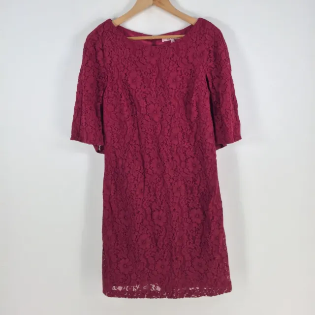 Review womens dress size 12 shift burgundy red floral lace short sleeve 074425