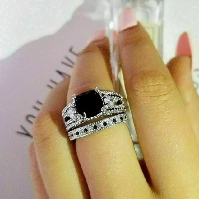 3 Karat Schwarz Diamant Ring Set Kissen Trauring Verlobungsring Weißgold-Finish
