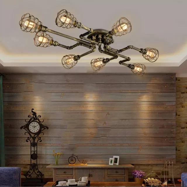 Rustic Industrial Pipe Cage Semi Flush Ceiling Light Steampunk Pendant Lamps 2