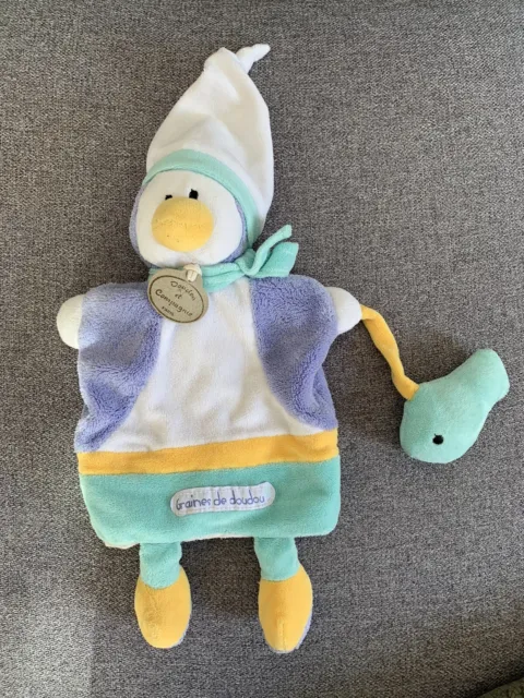 Doudou marionnette Pingouin vert bleu poisson GRAINES DE DOUDOU ET COMPAGNIE