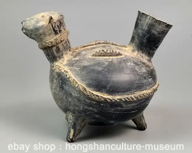 10.4" Ancient Neolithic Majiayao Culture Black Pottery Bird Shape Vase Jar Pot