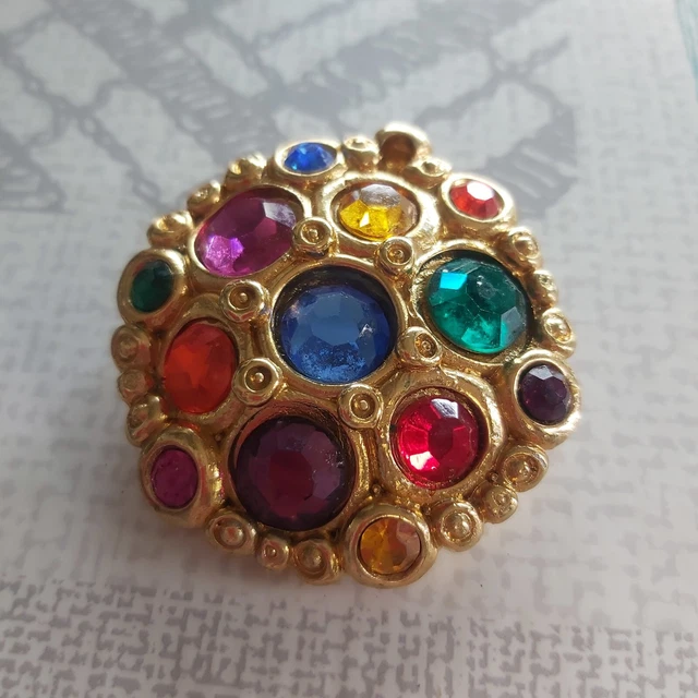 Broche Vintage Jacky De G Paris - Résine Dorée Et Cristal - Bijou De Couture Rétro - Occasion