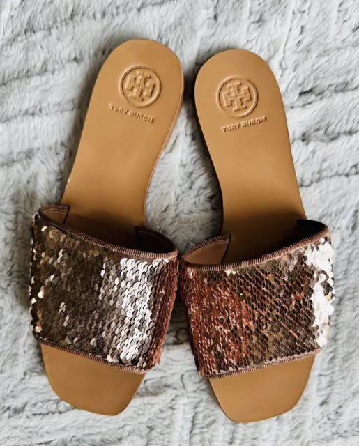 Tory Burch Reversible Sequin Carter Slide Sandals Rose Gold Perfect Blush 7