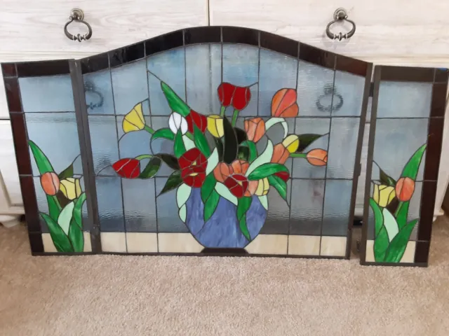 Stained Glass Beautiful Multicolor Floral Fireplace Screen Section READ 27 By 48