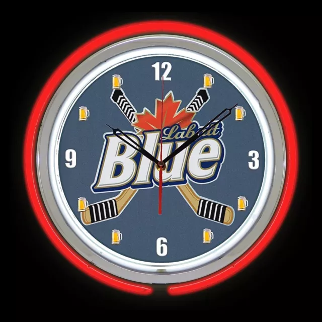 15" Labatt Blue Hockey Beer Red Double Neon Clock Chrome Finish Man Cave Bar