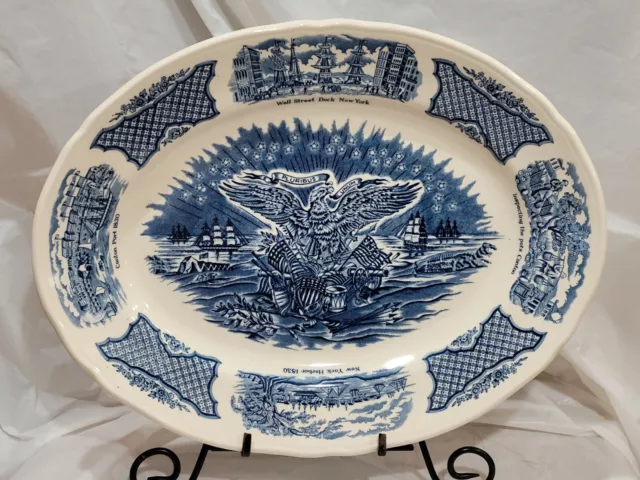 Alfred Meakin Fair Winds Blue-White Ironstone Platter Historical Scenes American
