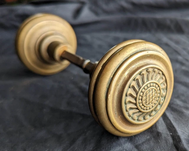 Pair Antique Vintage Old Victorian Greek Solid Bronze Brass Doorknobs Door Knobs