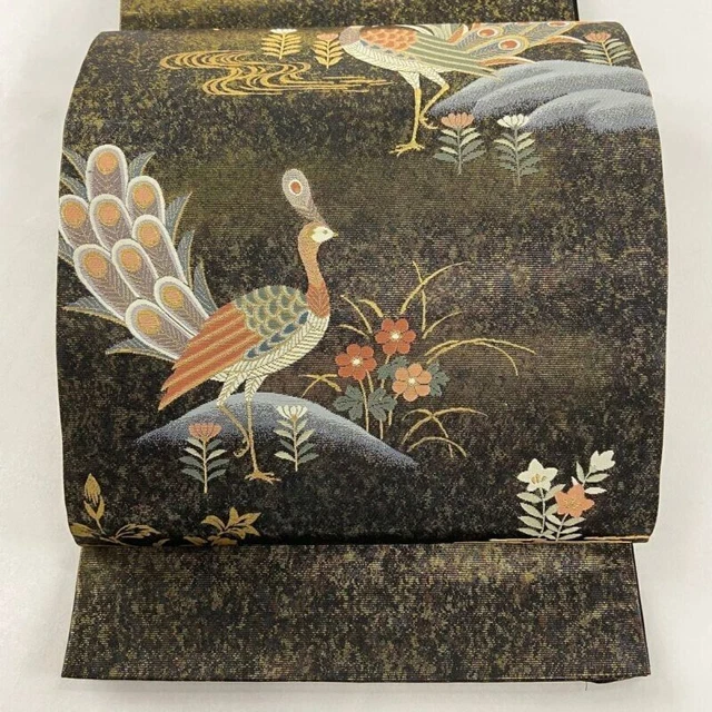 Japanische Kimono-Obi-Pfau-Blütenpflanze aus reiner Seide in Schwarz für...
