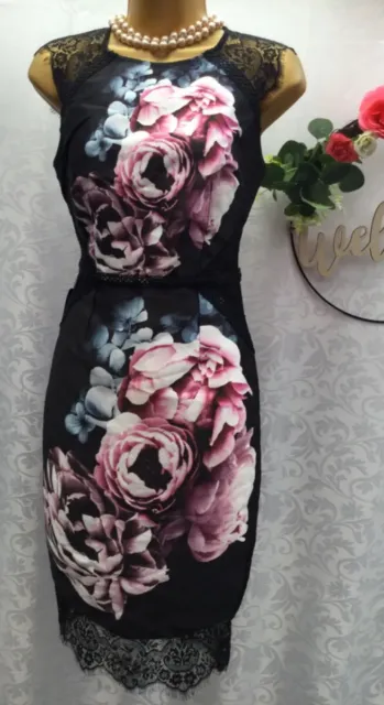 New LIPSY VIP Size 10 Black Floral Elizabeth Lace Shift party Dress Multi £ 115