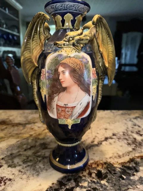 Lg. Art Nouveau Majolica Glazed Earthenware Maiden Portrait Vase Dragon Handles