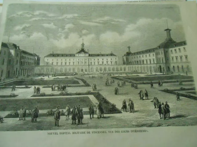 Gravure 19èm - Nouvel Hopital Militaire de Vincennes vue cours intérieures
