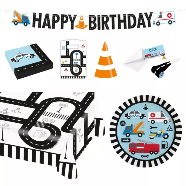 Kids Birthday Road Police Fireman Ambulance Party Tableware Decorations