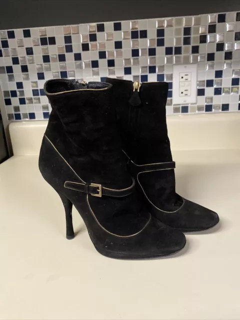 LOUIS VUITTON Black Suede Round-Toe Ankle Boots Size 36 Gold Trim Buckle