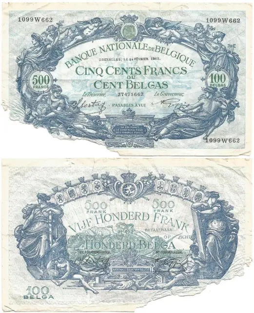 1942 BELGIUM "500 Francs or 100 Belgas" OVERSIZE World War II WOUNDED VETERAN