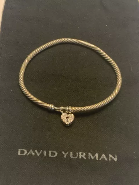 David Yurman 3 mm sterling silver cable bracelet with diamond heart padlock