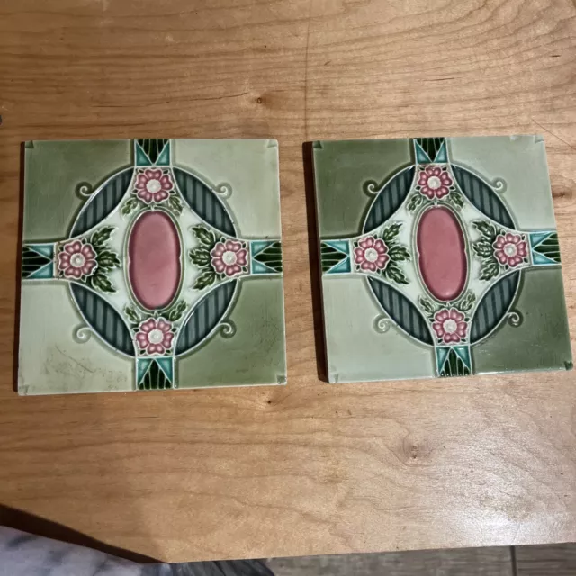(2) a pair of H.R.Johnson Tiles England 6” Art Nouveau/Art Deco antique wall
