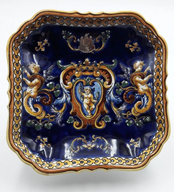 Ancien Plat Carre Vide Poche Faience De Gien Decor Renaissance Anges Bleu Or