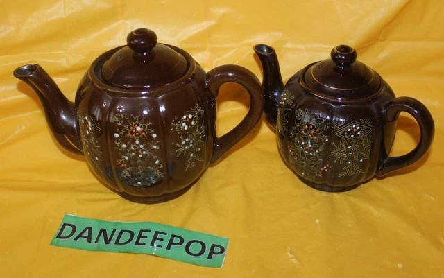 Vintage 2 Piece Japan Painted Floral gold Trim Brown Ceramic Teapot Set Wales