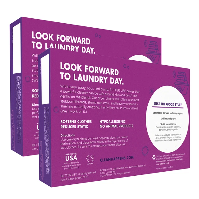 Better Life Hypoallergenic Dryer Sheets, Lavender Grapefruit, 80 Count (2 Pack) 2