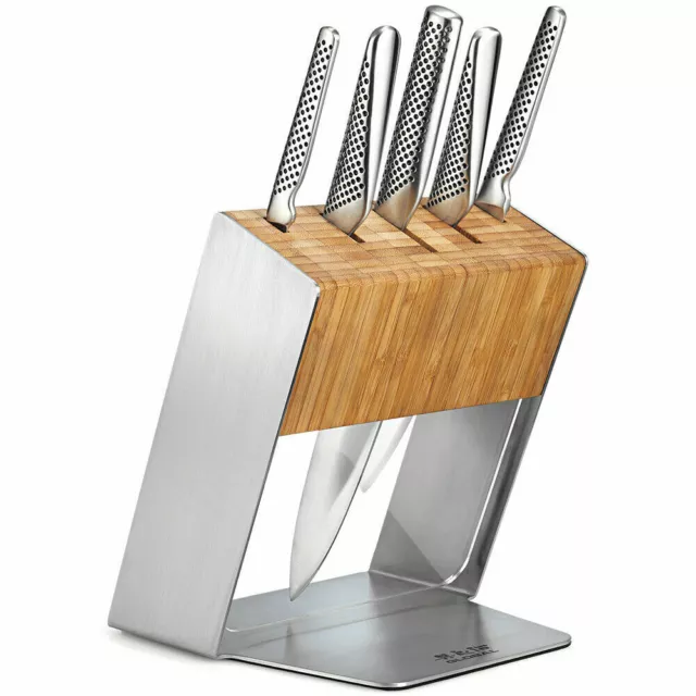 New Global Katana 6pc Stainless Steel Knife Block Set Knives Chef Cook Utility P