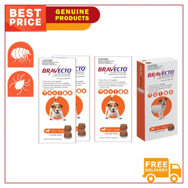 BRAVECTO ORANGE 3 Months Flea and Tick Treatment 1,2,4 Chew for 4.5 to 10 Kg Dog