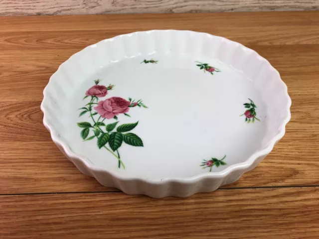 Vintage Christineholm Pie Flan Quiche Dish WHite With Pink Floral Design