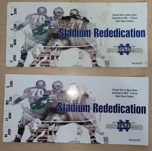 1997 Notre Dame vs Georgia Tech 2 Tickets 1 Stamp 1 without Stadium Rededication