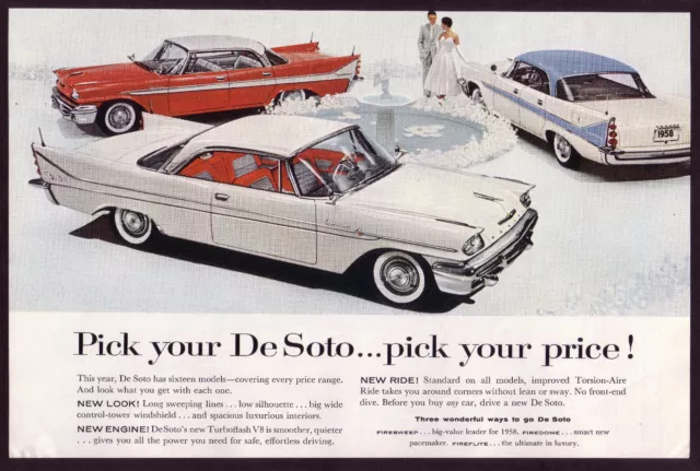 1958 Vintage De Soto Fireflite Firesweep Firedome Sportsman Car Photo Print Ad