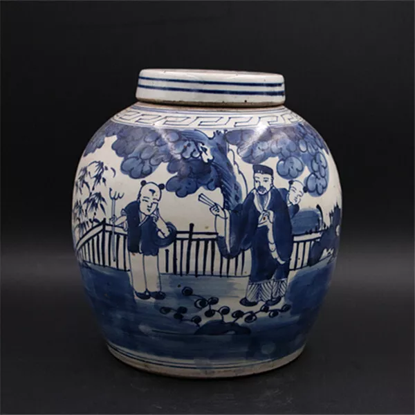 Chinese Porcelain Republic Of China Blue And White Personage Tea Caddies 8.85''