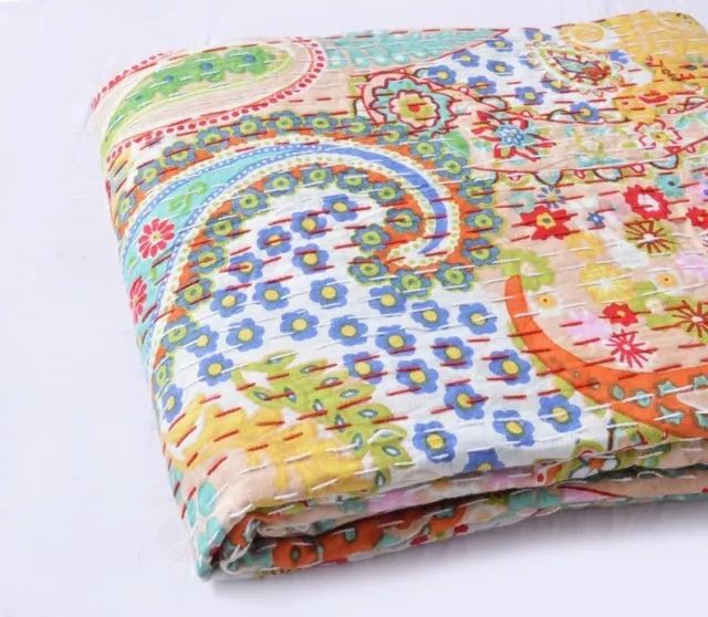 Indien Beige Cachemire Imprimé Kantha Matelassé Lit Vintage Coton Couverture Au