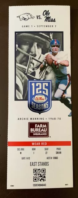 Ole Miss Rebels 9/7/2019 NCAA football ticket stub vs Arkansas Razorbacks
