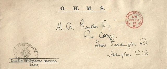 GB 1913 OHMS London Telephone Service London EC Offical Paid Cover- Hampton Wick