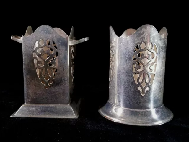 2 Vintage English Cutout Silverplate Condiment Holders Or Sleeves 4" EPNS Mark