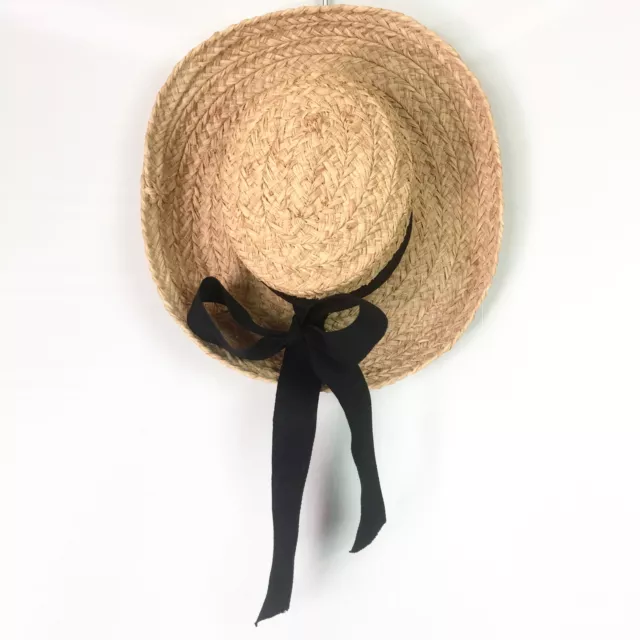 Helen Kaminski Womens Raffia Hat Black Ribbon Classic Sun Rolled Wide Brim Straw