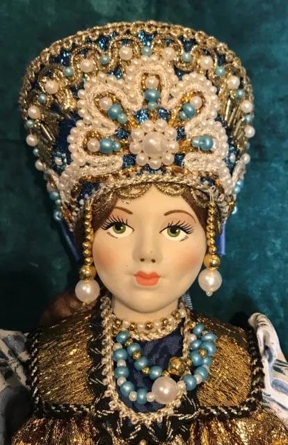 Kokoshnik Blue & Gold Ornate Pearled Dress Braid 17" Porcelain Doll From Russia