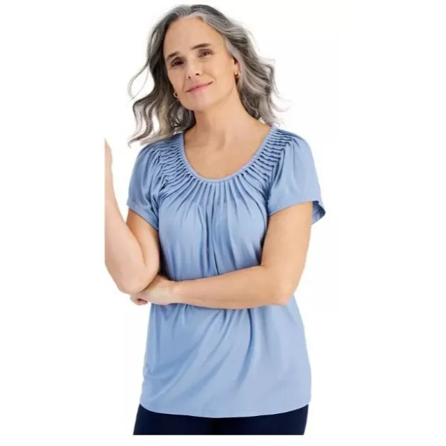 Style & Co Women's Pleated Neck Short Sleeve Top - Navy Blue