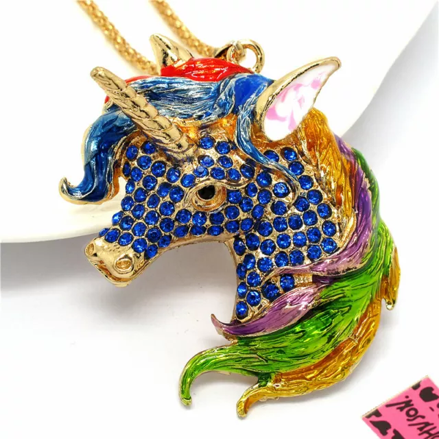 Fashion Women Blue Crystal Lovely Unicorn Horse Pendant Sweater Chain Necklace
