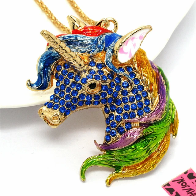Fashion Women Blue Crystal Lovely Unicorn Horse Pendant Sweater Chain Necklace
