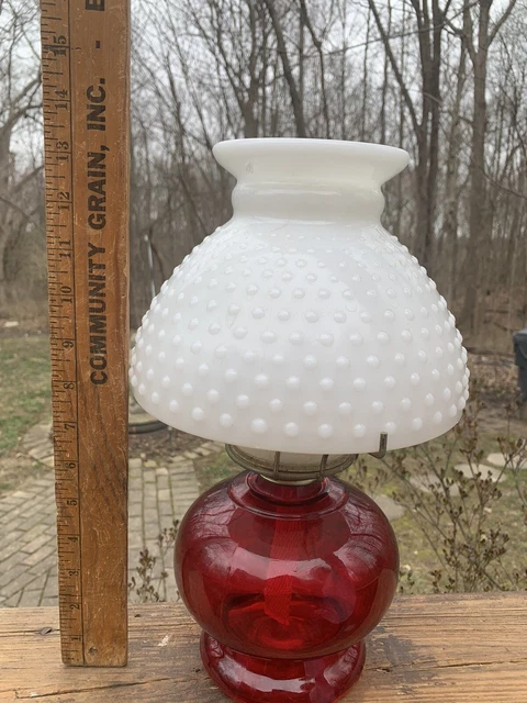 Vintage Ruby Red Hurricane Oil/Kerosene Lamp With Milk Glass Hobnail Shade New