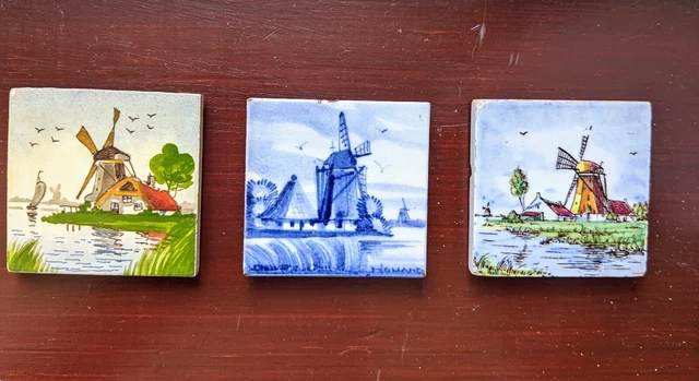 3 Antique Minature Delf Tiles 2"x 2"  Windmill Scenes